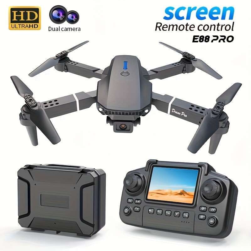 NEW E Foldable Quadcopter Drone Visual Remote Control With Display Screen Dual Cameras Two Batteries Brushless Motor Obstacle Avoidance LED Lights
