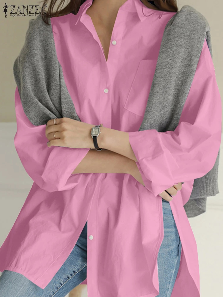 Fashionable womens shirt ZANZEA pure cotton Blouses Spring Lapel Neck long sleeved top casual OL work Blusas Irregular Tunic Mujer 250417