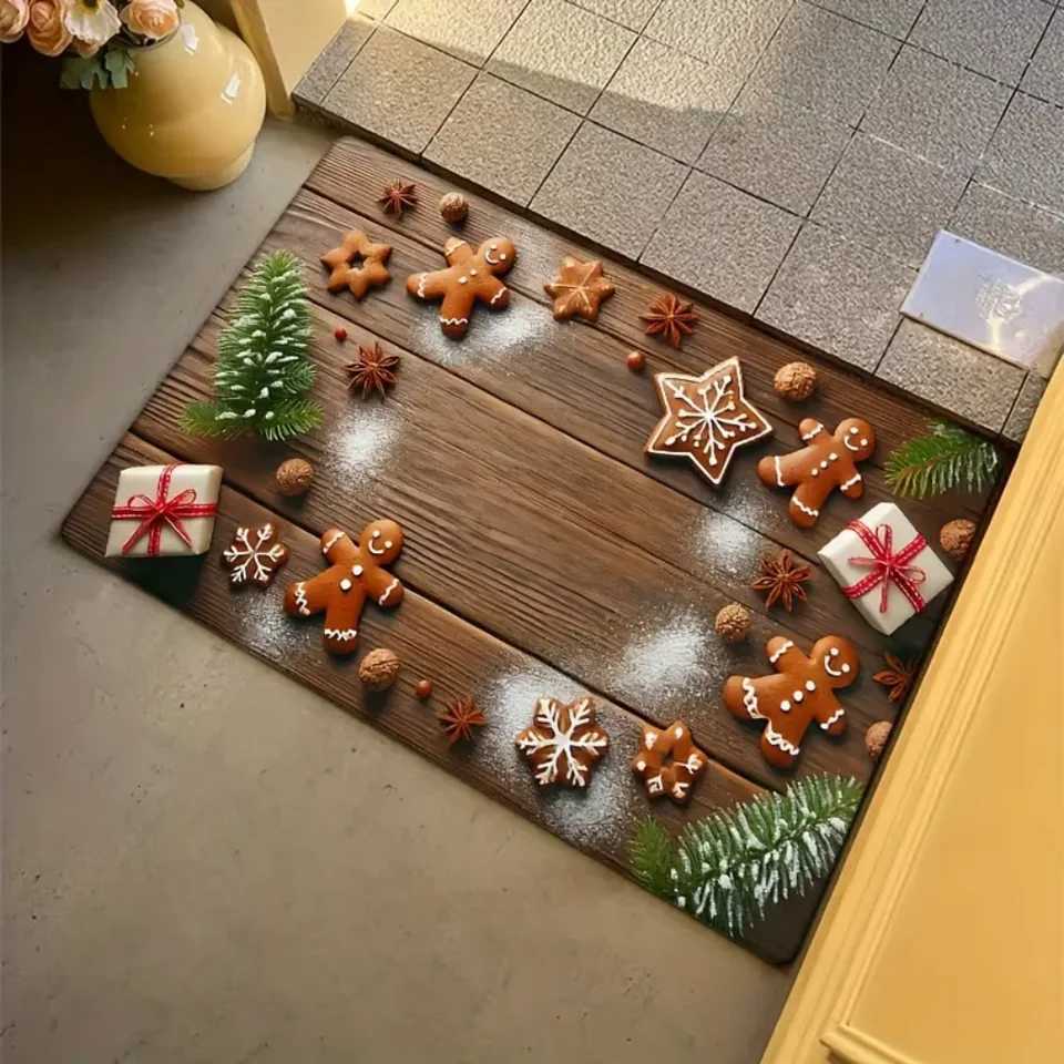 Cute Gingerbread Man with Pentagonal Snowflake Floor Mat Entrance Welcome Doormat Bedside Balcony Hallway Christmas Decor CarpetM251117