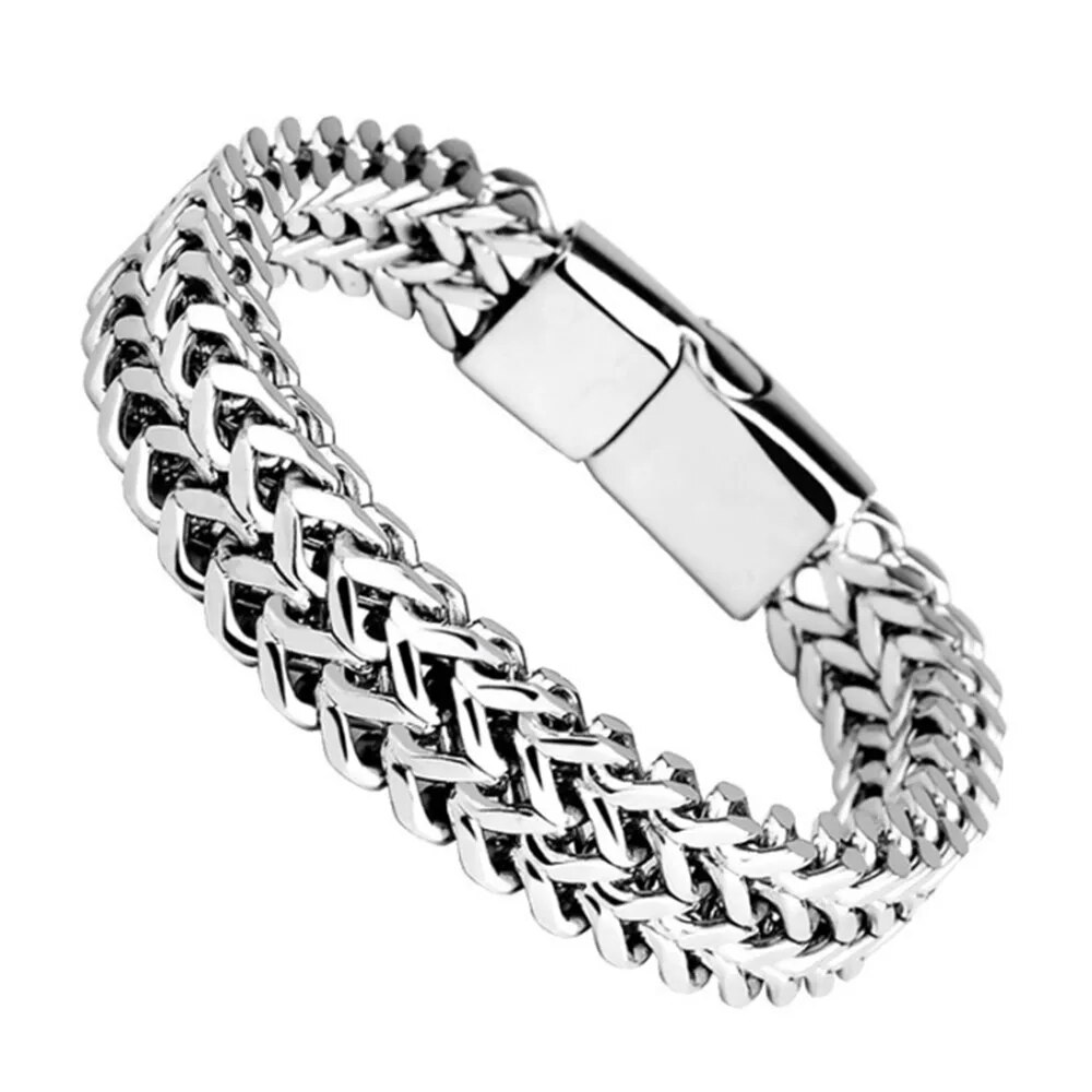 Elegant Two-Tone Stainless Steel Bracelet with Fish Scale Pattern & Secure Magnetic Lock