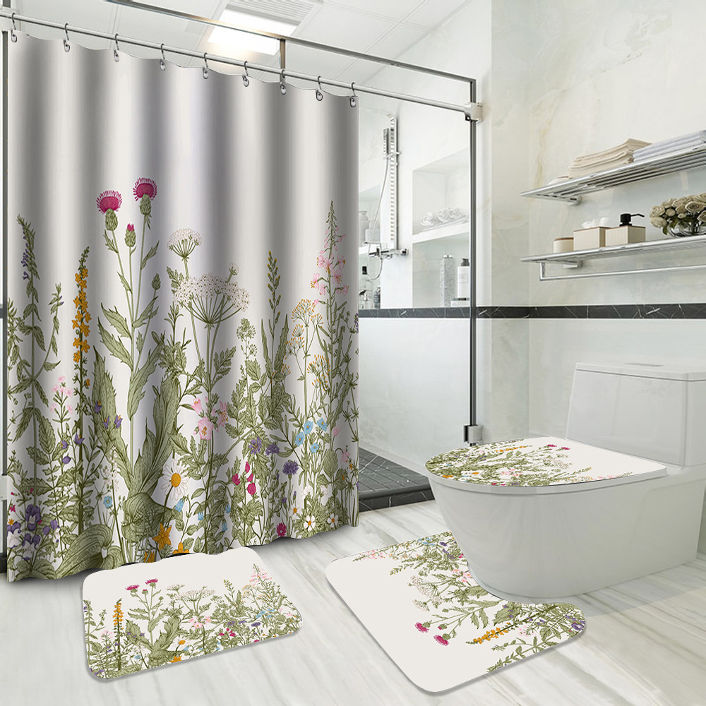 YL-37731 Hot Selling Shower Curtain 4-Piece Set, Green Plant Series, Waterproof and Mildew-Proof Shower Curtain, No Drilling Required