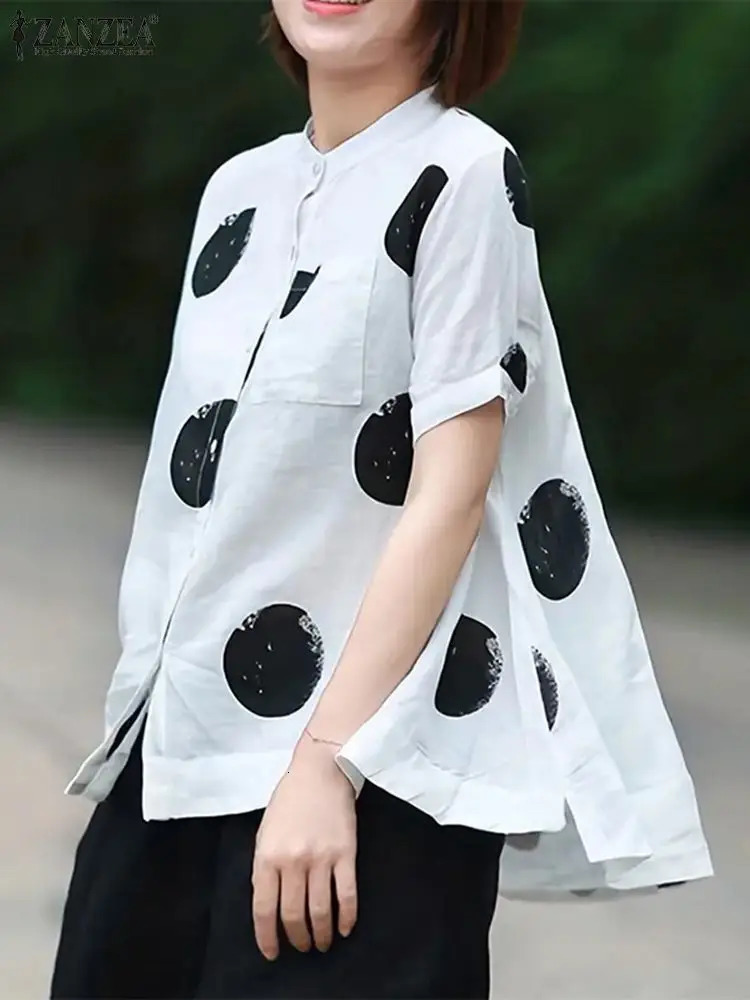 ZANZEA Korean Fashion Short Sleeve Buttons Up Shirt Casual Vintage Blusas Women Polka Dot Printed Tops Summer Blouse 250417