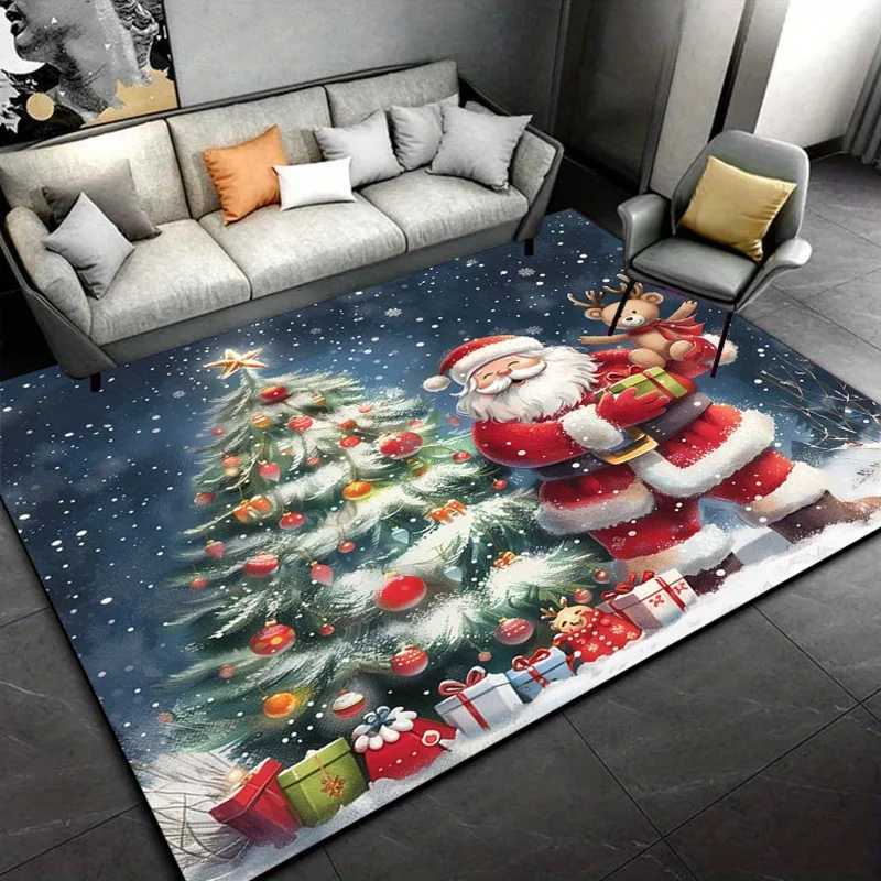 Christmas Santa Claus Rug with Reindeer and Tree Design - Festive Holiday Living Room Carpet Seasonal DecorationM251117