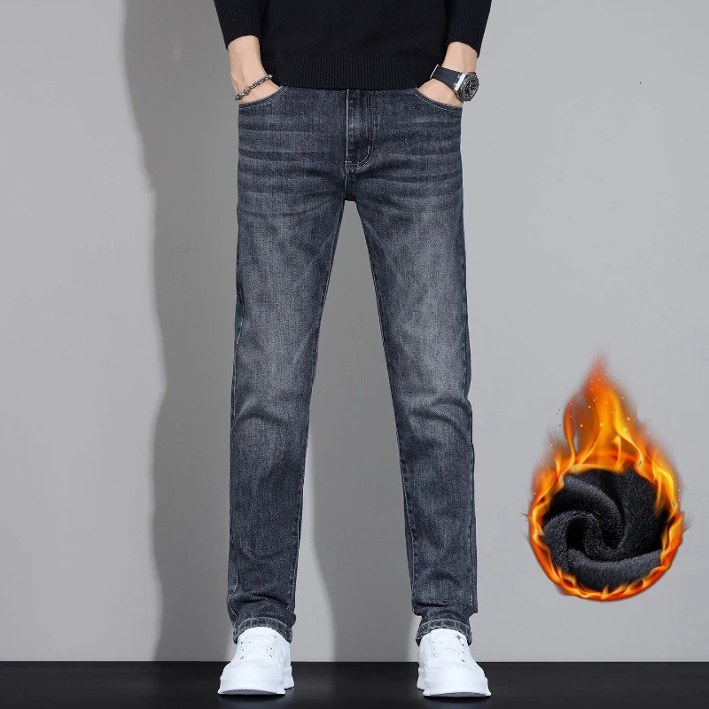 Mens Winter Fleece Thick Velvet Jeans Elastic Warm Slim Fit American Pants Comfortable Fashion Denim Simple Casual Trousers 251114