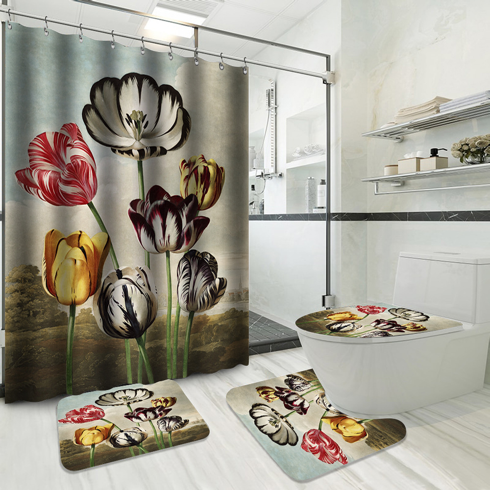 YL-37731 Hot Selling Shower Curtain 4-Piece Set, Green Plant Series, Waterproof and Mildew-Proof Shower Curtain, No Drilling Required