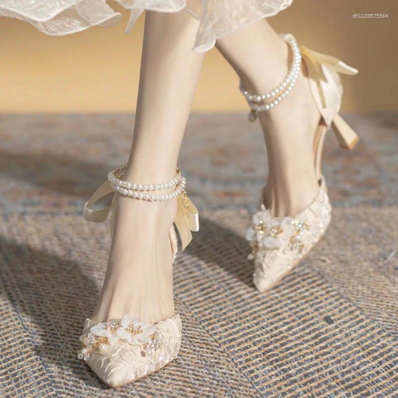 Dress Shoes Pearl Ankle Strap Bow Heels Designer Stiletto High Women Pumps Wedding Bride Ladies Party Prom