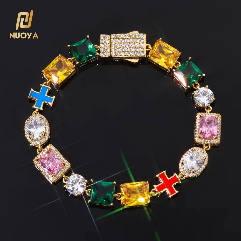 NUOYA Geometric Gemstone Bracelet 10mm Oil Drop Cross Chain Multi Color Enamel Iced Out Zircon Bling Hip Hop Jewelry