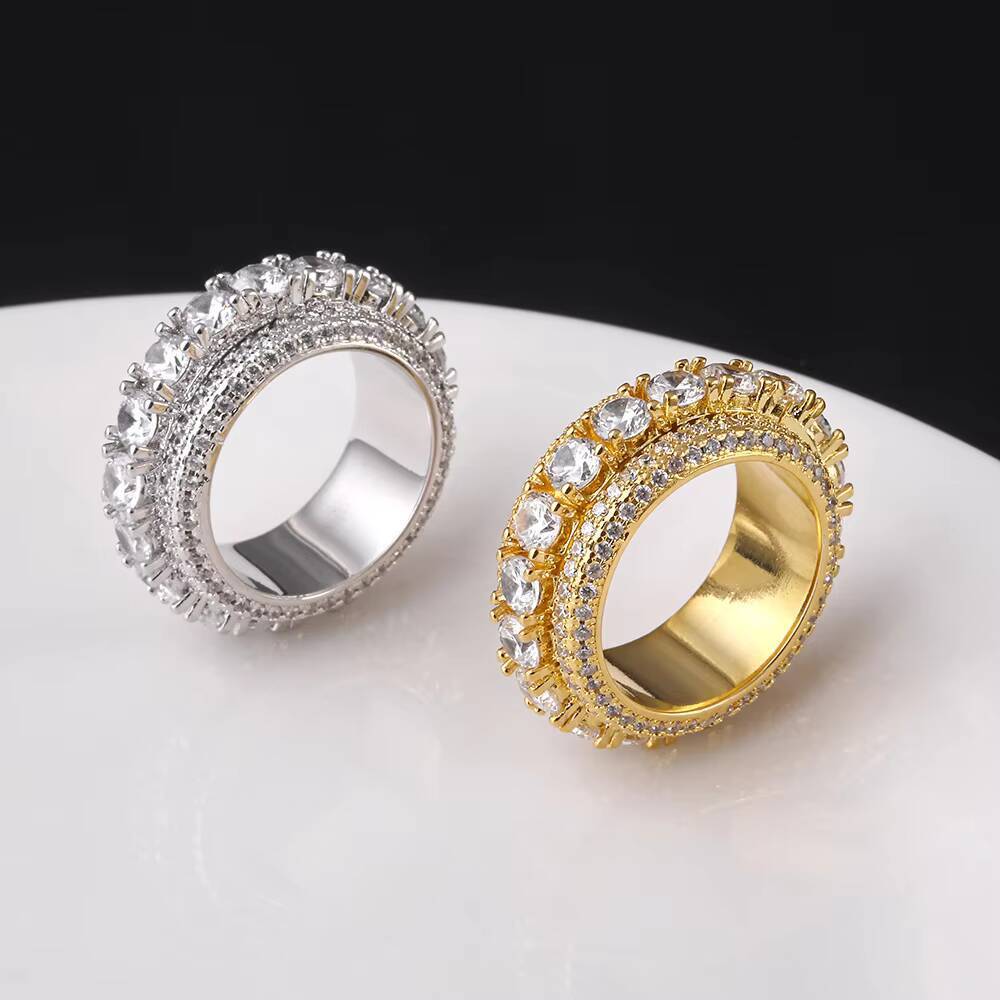 Moissanite Hip Hop Spin Ring Gold Plated Brass Pave CZ Stone Iced Out Rotating Ring for Men