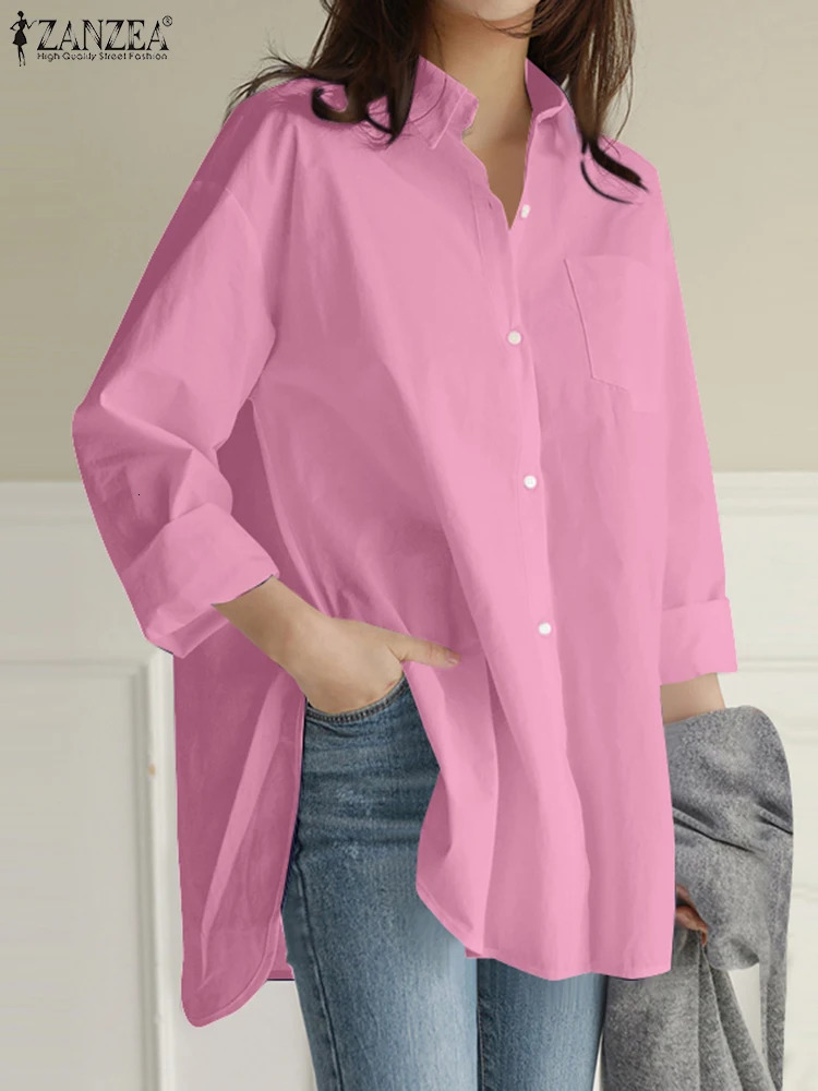 Fashionable womens shirt ZANZEA pure cotton Blouses Spring Lapel Neck long sleeved top casual OL work Blusas Irregular Tunic Mujer 250417