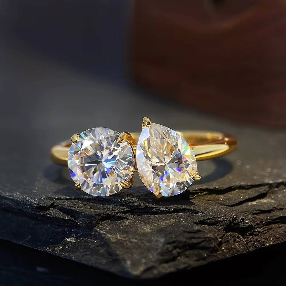 FOXI Toi Et Moi Round and Pear Moissanite Engagement Ring Statement Promise Ring 925 Sterling Silver Moissanite Wedding Ring