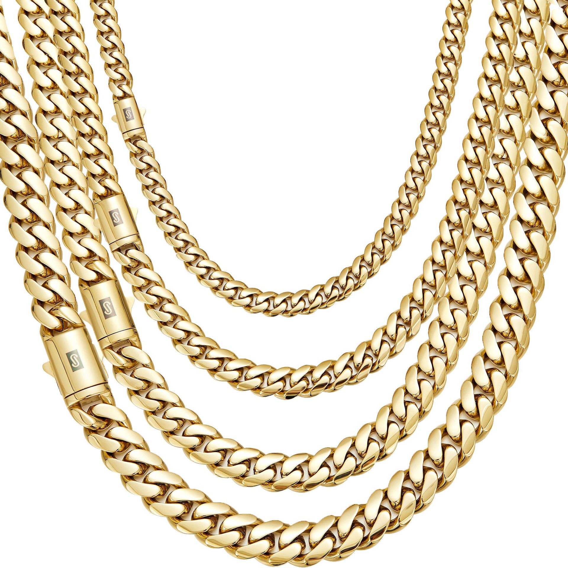 Hip Hop Solid Stainless Steel Cuban Chain Necklace 14K Gold Plated Spring Clasp Jewelry Accessories