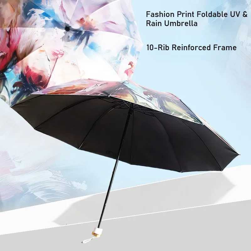 Vintage Oil Paint Print Folding Umbrella - Reinforced Wind Rain Protection UV Sunscreen Perfect for Daily Use Travel Idea C251117