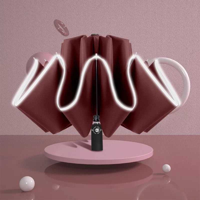 New Auto Open Close Light-emitting LED Reverse Umbrella Ten-bones Three-folding Automatic Business Umbrella with Light C251117