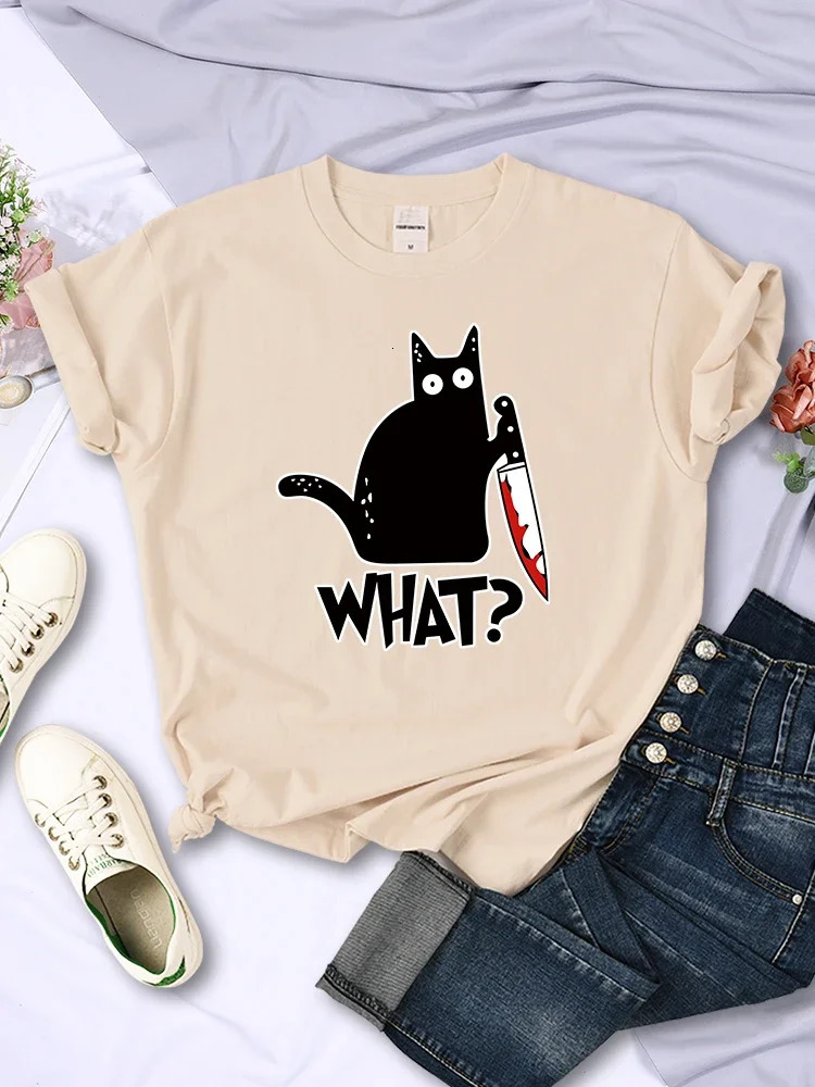 Kitchen Knife Black Cat Wha? Print Female Short Sleeve Fashion Women T-Shirts Summer Cool Men Tees Clothes Street Plus Size Tops 250417