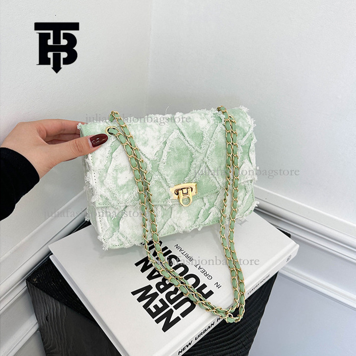 TB BHULAMTE Designer Denim Tassel Women's Shoulder Bag New Tie Dyed Canvas Casual Commuting Handbag Versatile Large Capacity New Phone Bag Chain 