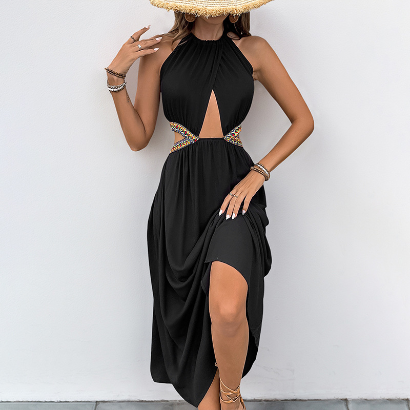 G415Leisure Vacation Dress with Unique Ribbon Embellishment and Ethnic Theme
