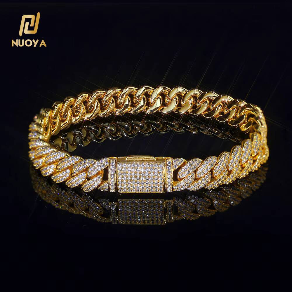 Moissanite 10mm Cuban Link Chain Bracelet Hip Hop Jewelry 18K Gold Plated Brass Two Row Zircon Crystal Iced Cuban Bracelet