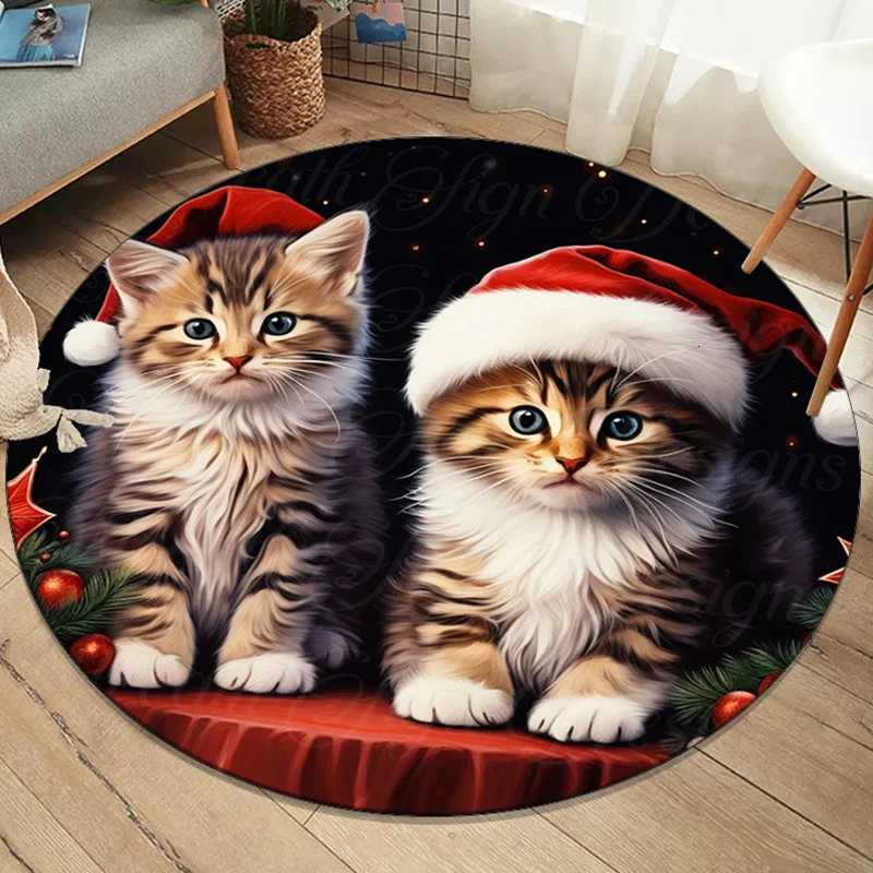 Cute Christmas Kittens Round Rug Plush Floor Mat Pet Lover Gift Animal Print Home Decor Festive Holiday DecorationM251117