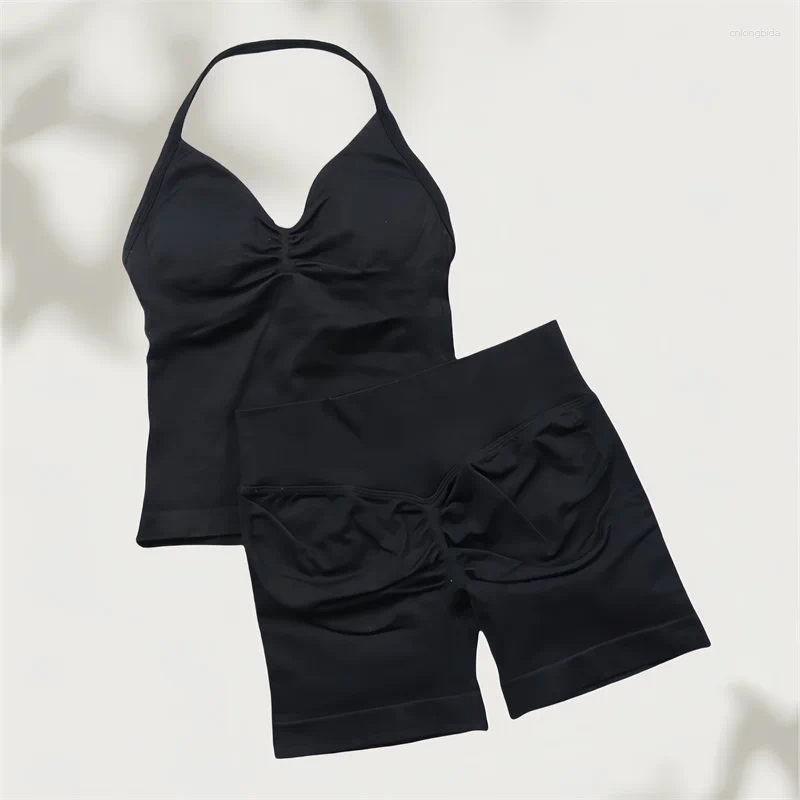 Women's Tracksuits 2 Pieces Women Yoga Set Seamless Impact Longline Strappy Tank Top Scrunch Sports Shorts Gym Clothes Woman Summer Workout