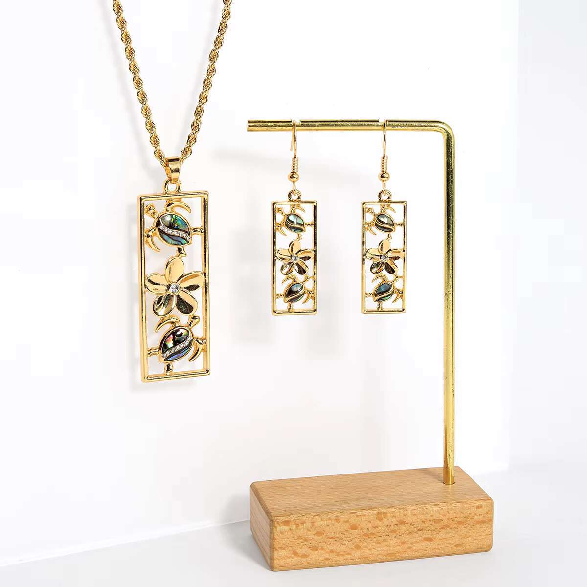 Hawaiian Samoa Bohemian style jewelry turtle design rectangular pendant necklace earring set for women