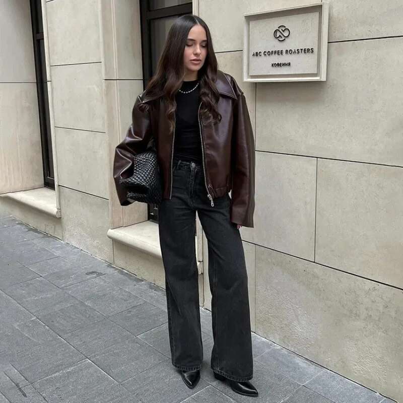 Elegant Chic New Long Sleeve Turn Down Collar Loose Coat Outwear Streetwear 2024 Autumn Winter Women Motorcyle PU leather Jacket