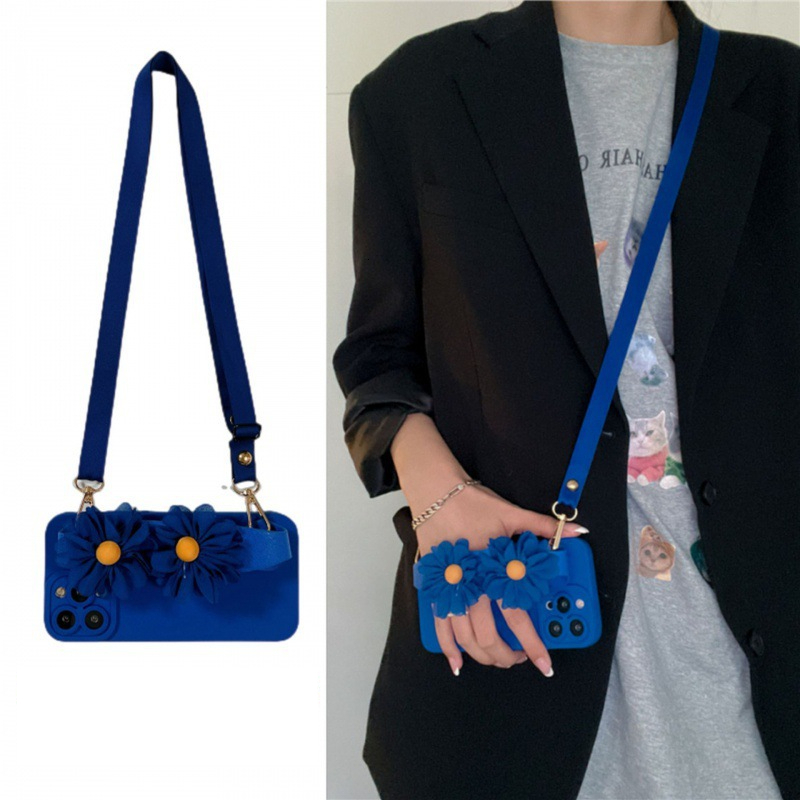 Klein Blue Daisy Phone Case Compatible with iPhone 17 Pro Wrist Strap Crossbody Protective Case iPhone 16/15 11 Soft