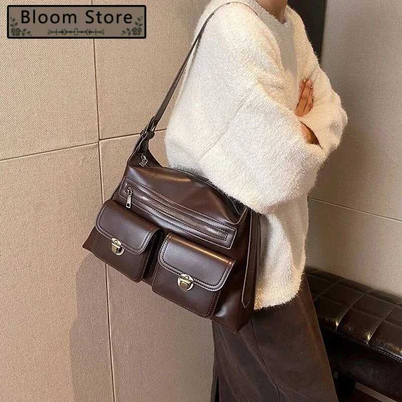 Bloom Vintage Brown Shoulder Bag Women Retro Pu Leather Soft Pocket Casual Handbag Female Moto Biker Y2k Handbags AestheticW251115