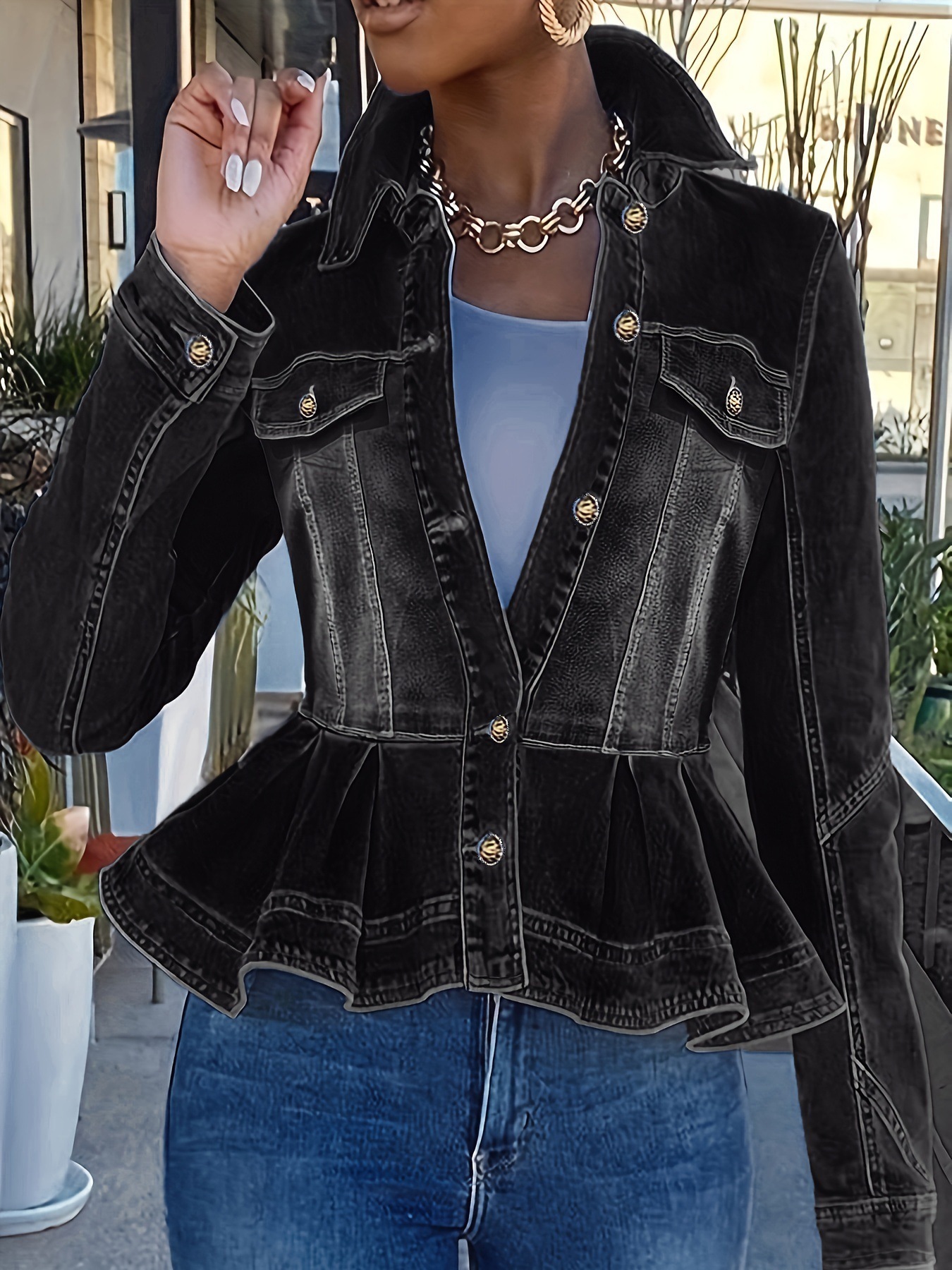 2025 Spring and Autumn New Style Versatile Look Slim Long Sleeve Cowboy Coat Womens Design Sense Top Sense Concealed Waist Lotus Leaf Edge 201112