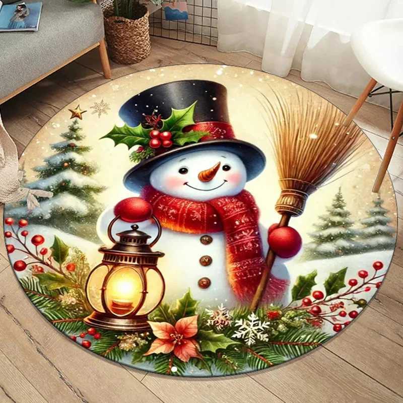 Round Crystal Velvet Rug Snowman Christmas Lantern Holiday Scene Festive Decor Round Rug Winter Wonderland Theme GiftM251117