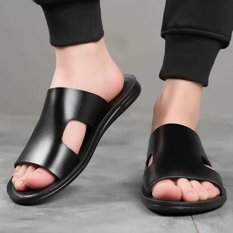 Yomior New Fashion Casual Mens Shoes Apartment Summer Slide Outdoor Sandals Beach Work Slide Soft Leather Flip Shoes Designer Y250417