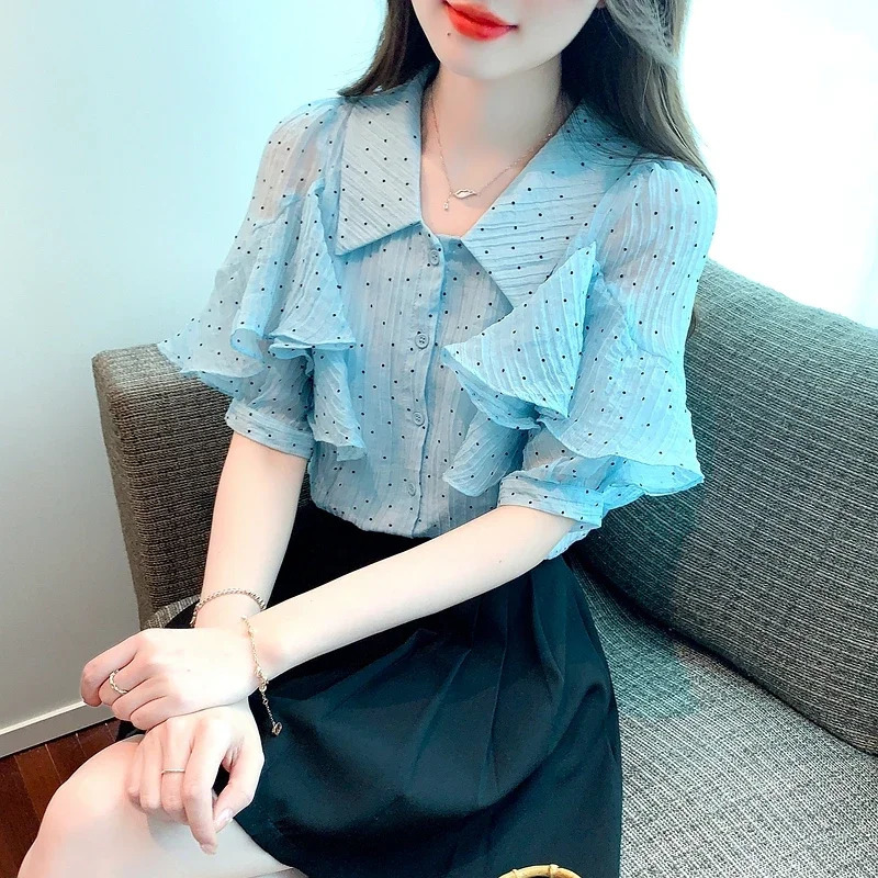 2025 Fashion Summer Turn Down Collar Women Shirt Short Sleeve Dot Chiffon Shirt Blouse Women Tops Blouses Camisas De Mujer G671 250417