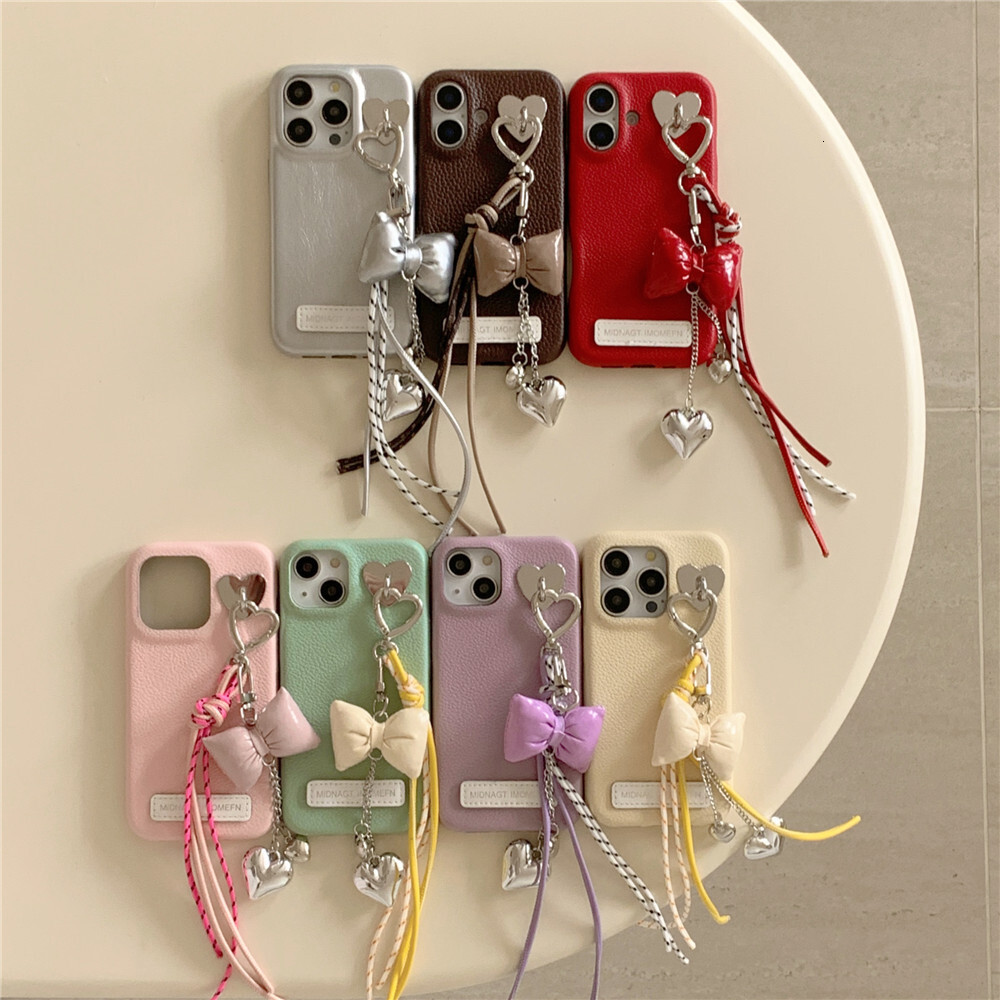 Butterfly Bow Heart Pendant Phone Case Compatible with iPhone 17/16 Pro Niche Solid Color Leather iPhone 15/14