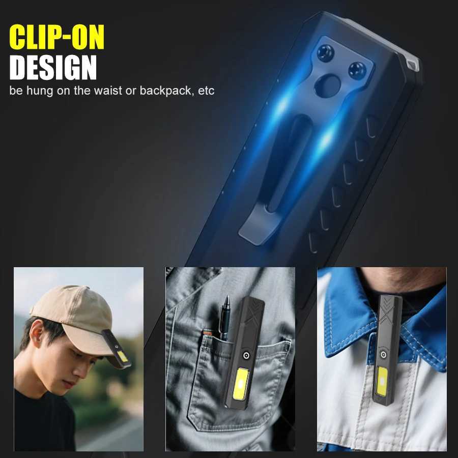 Portable RechargeableLED COB Dual Light Source Handheld Flashlights With 6 Lighting Modes/Magnet Mini Clip Flood Work Light M251117