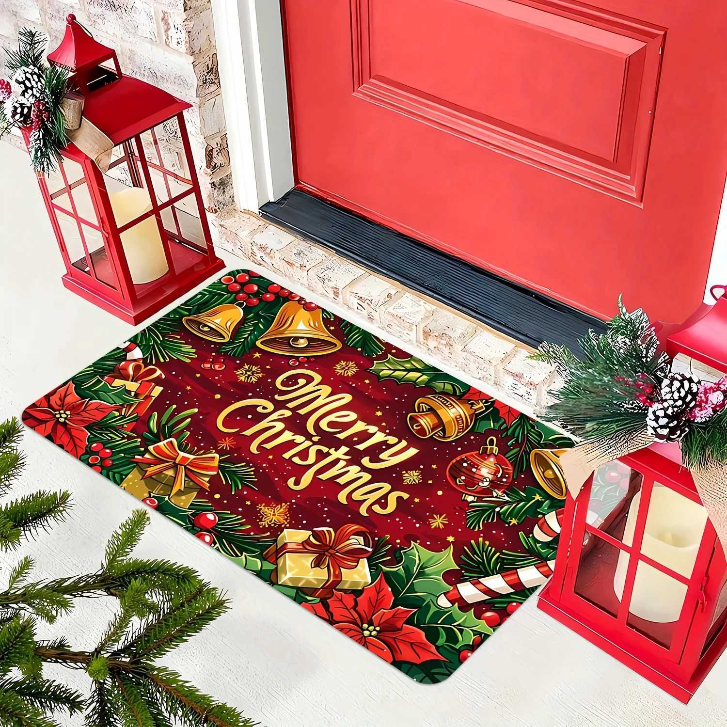 Christmas Cheer Extra Large Doormat with Bells and Flowers - Indoor/Outdoor Welcome Mat for Home Decor Farmhouse Style Thick FM251117