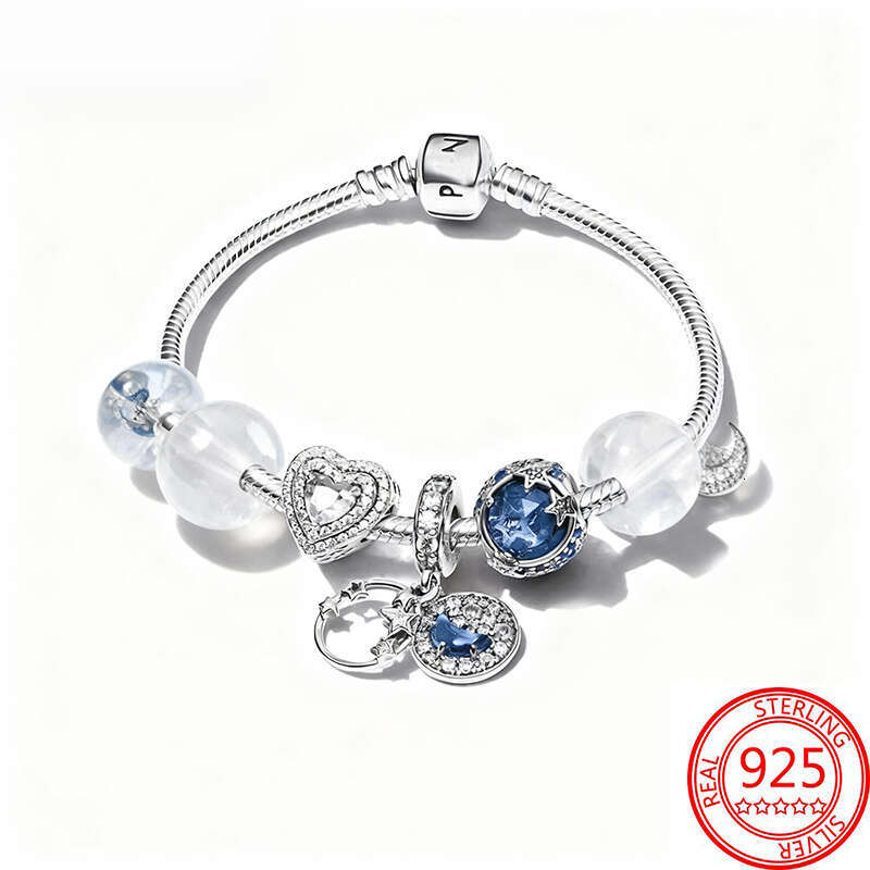 With Box Classic 925 Sterling Silver Bracelet Designer For Women Flower Blue Crystal Bead Charm Bracelet Designer Jewelry Woman Christmas Gift