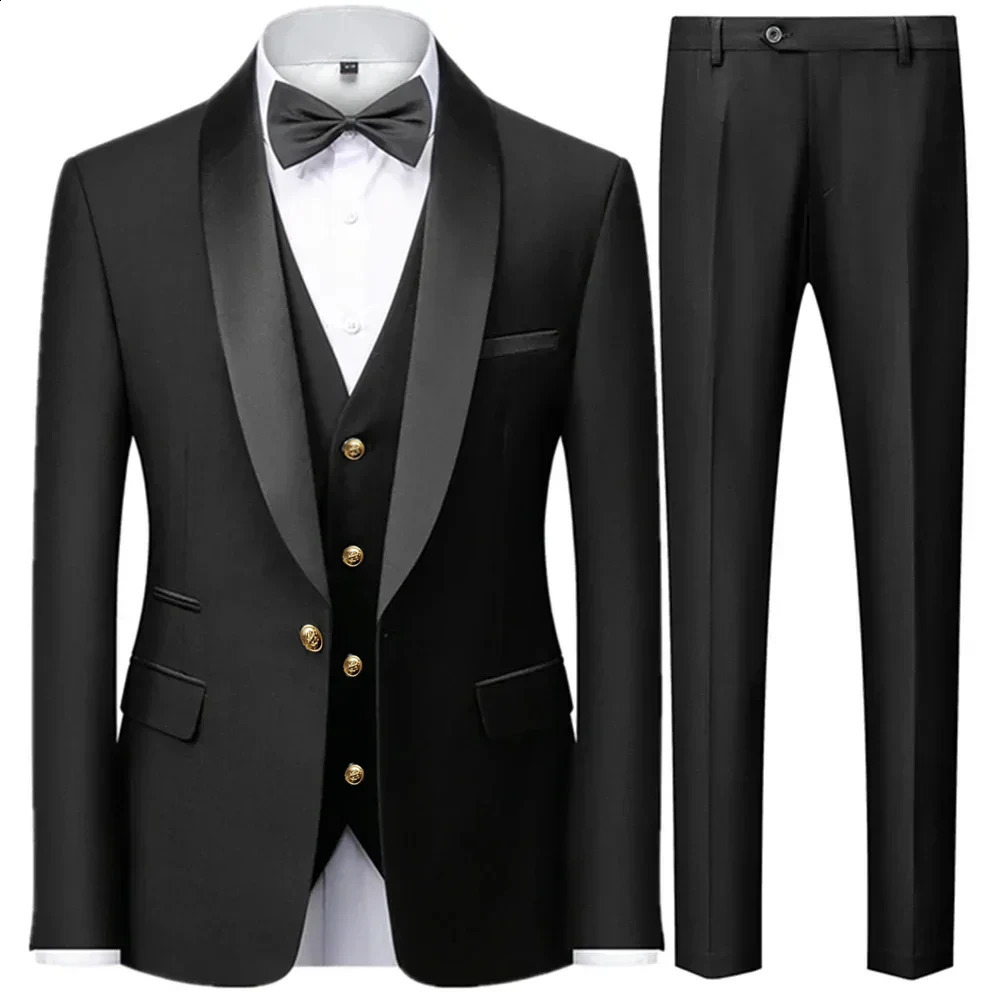 3 Pieces Set Mens Business Blazers Coat Male Slim Fit Color Matching Collar Suit Tuxedo Leisure Jacket Pants Vest Wedding 250415