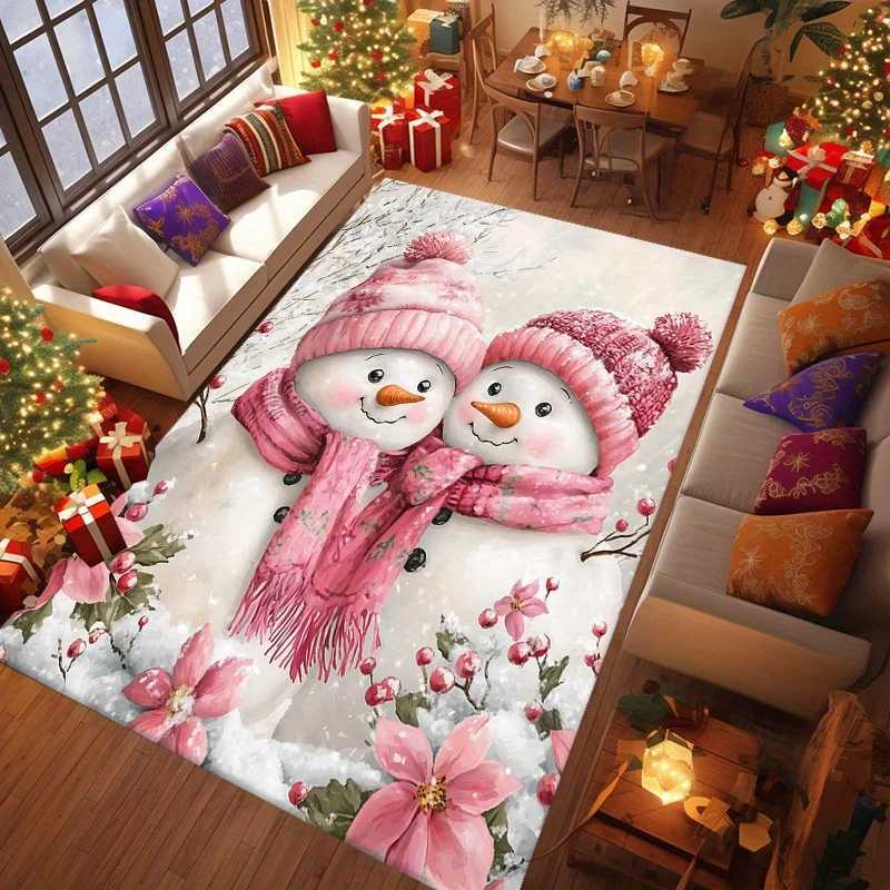 Christmas Snowman Print Area Rug with Pink Scarf - Non-Slip Crystal Velvet Carpet for Living Room Kitchen Bedroom and Home DeM251117