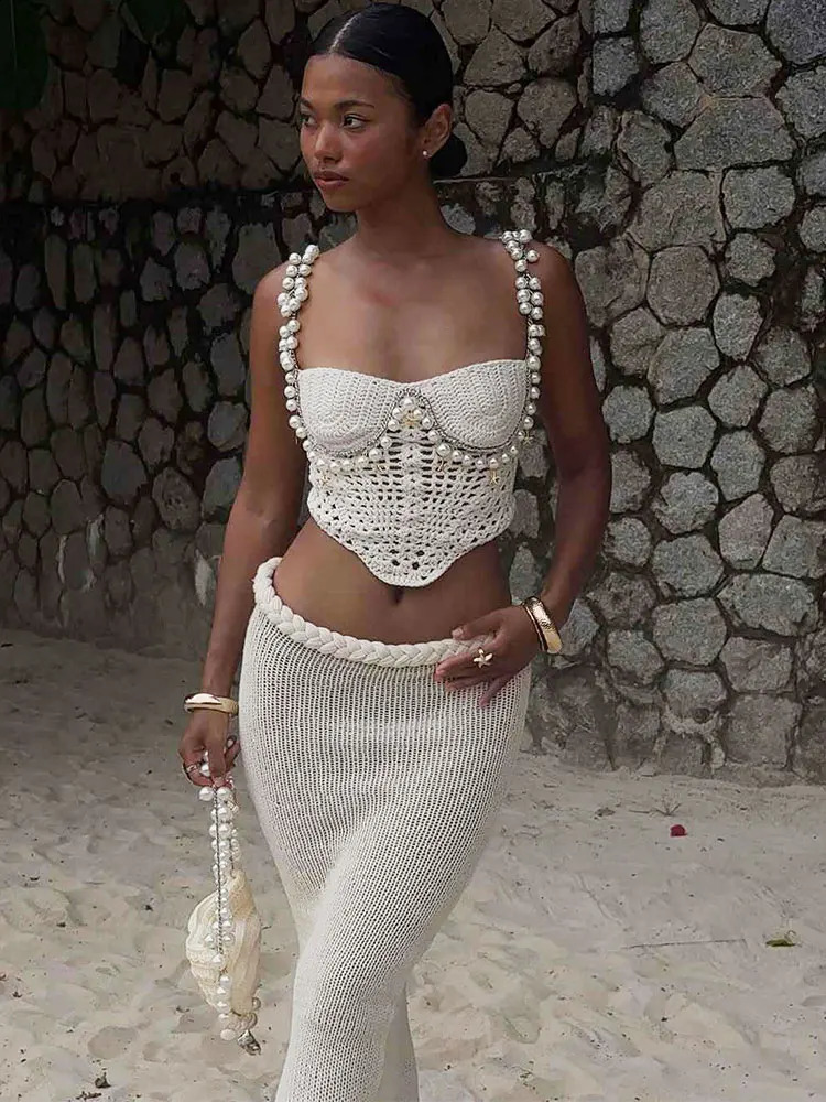 GACVGA Twist Hollow Out Backless Crop Top and Skirt Set Fashion Knitted Bra Corset Vacation Beach Lady Sexy Two Piece Skirts Set 250415