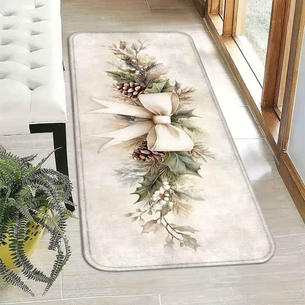 VIKAMA 1PC/2PC Christmas Bow Holly Leaf Doormat Indoor Entry Mat Front Doormat Kitchen Non-Slip Rug Holiday Home DecorM251117