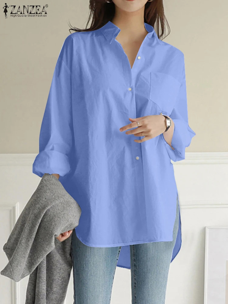 Fashionable womens shirt ZANZEA pure cotton Blouses Spring Lapel Neck long sleeved top casual OL work Blusas Irregular Tunic Mujer 250417