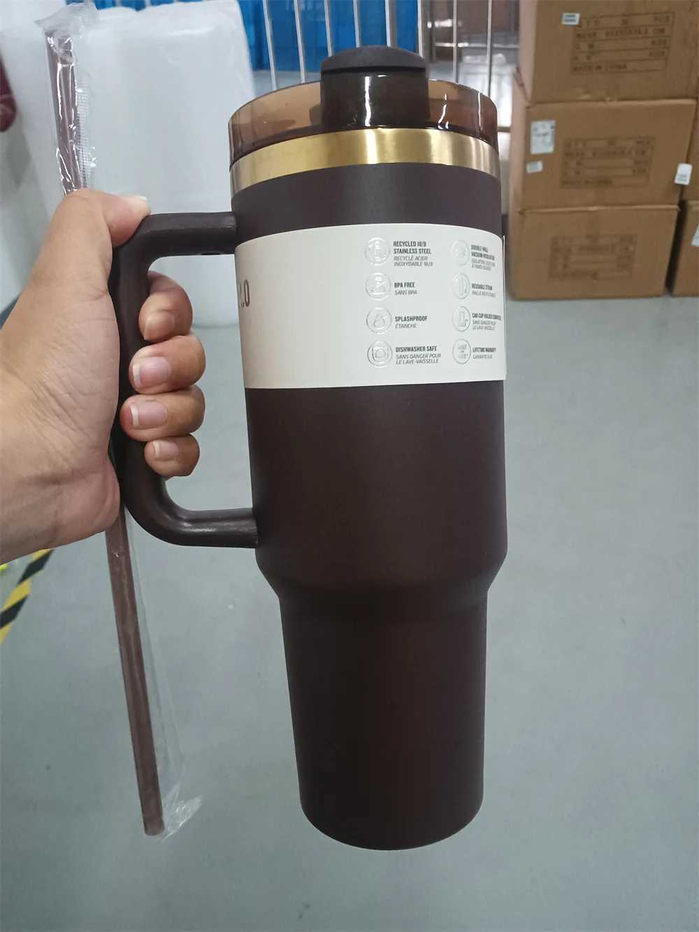 The new Real Picture 40 ounce chocolate brown color with a gold bottom drum for laser engraved insulated travel cups in 2025 keeping you cool S25417