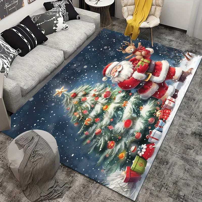 Christmas Santa Claus Rug with Reindeer and Tree Design - Festive Holiday Living Room Carpet Seasonal DecorationM251117