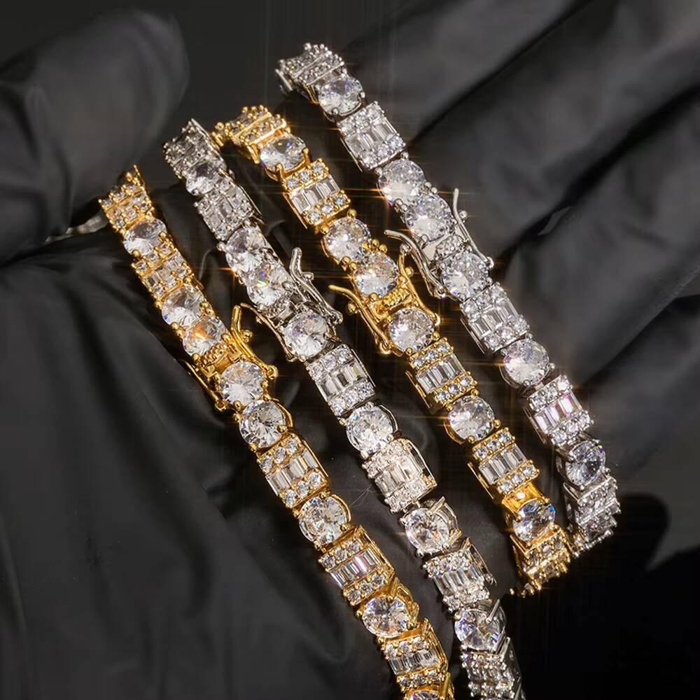 Moissanite Womens Hip Hop Tennis Chain Bracelet Iced Out Baguette Round Cut Zircon Silver Plated Diamond Fine Jewelry