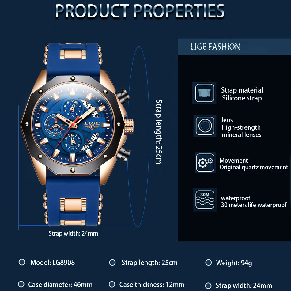 LIGE Mens Watches Brand Luxury Silicone Strap Waterproof Sport Quartz Watch Men Chronograph Military Clock Multi-function chronograph Quarzuhr