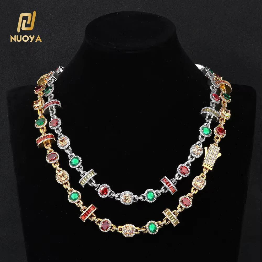 Laboratory cultivation of Moissanite Luxury Geometric Design Link Chain Necklace New Arrival Gold Plated Colored Zircon Stones Hip Hop Fine Jewelry