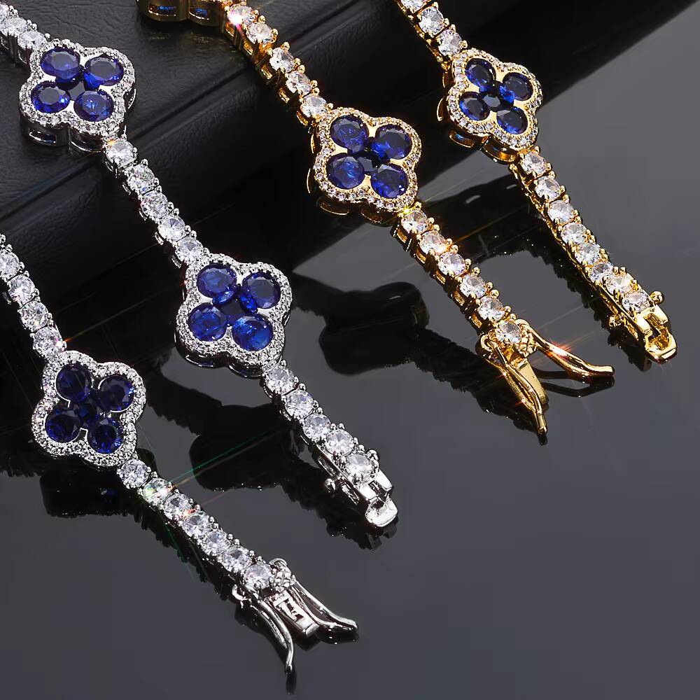 Moissanite Iced Out Cubic Zircon Tennis Chain Four-leaf Clover Tennis Chain Choker Necklace Women Gold Plated Fine Hiphop Jewelry