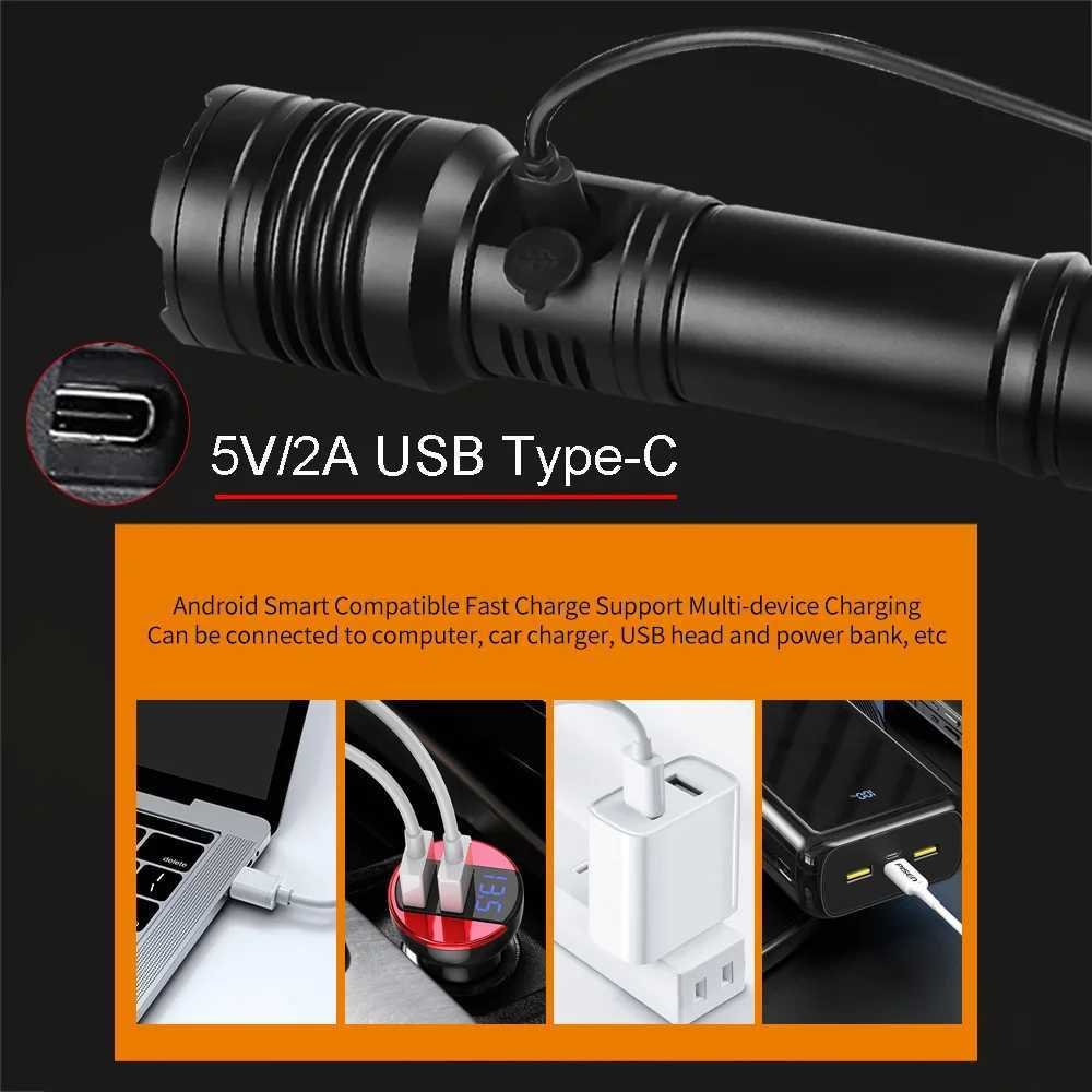 XHP200 High Power LED Flashlight 9000000LM Type-C Usb Rechargeable Outdoor Waterproof Tactical Flashlight 18650 XHP50 Zoom Torch M251117