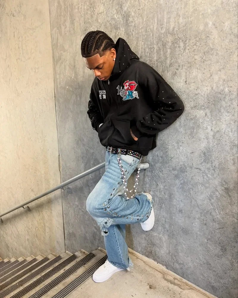 Y2k American Clothing Goth Hip Hop Rock Cartoon Letter Print Hoodie Men Goth Retro Casual Oversized Zipper Sweatshirt Women 250415