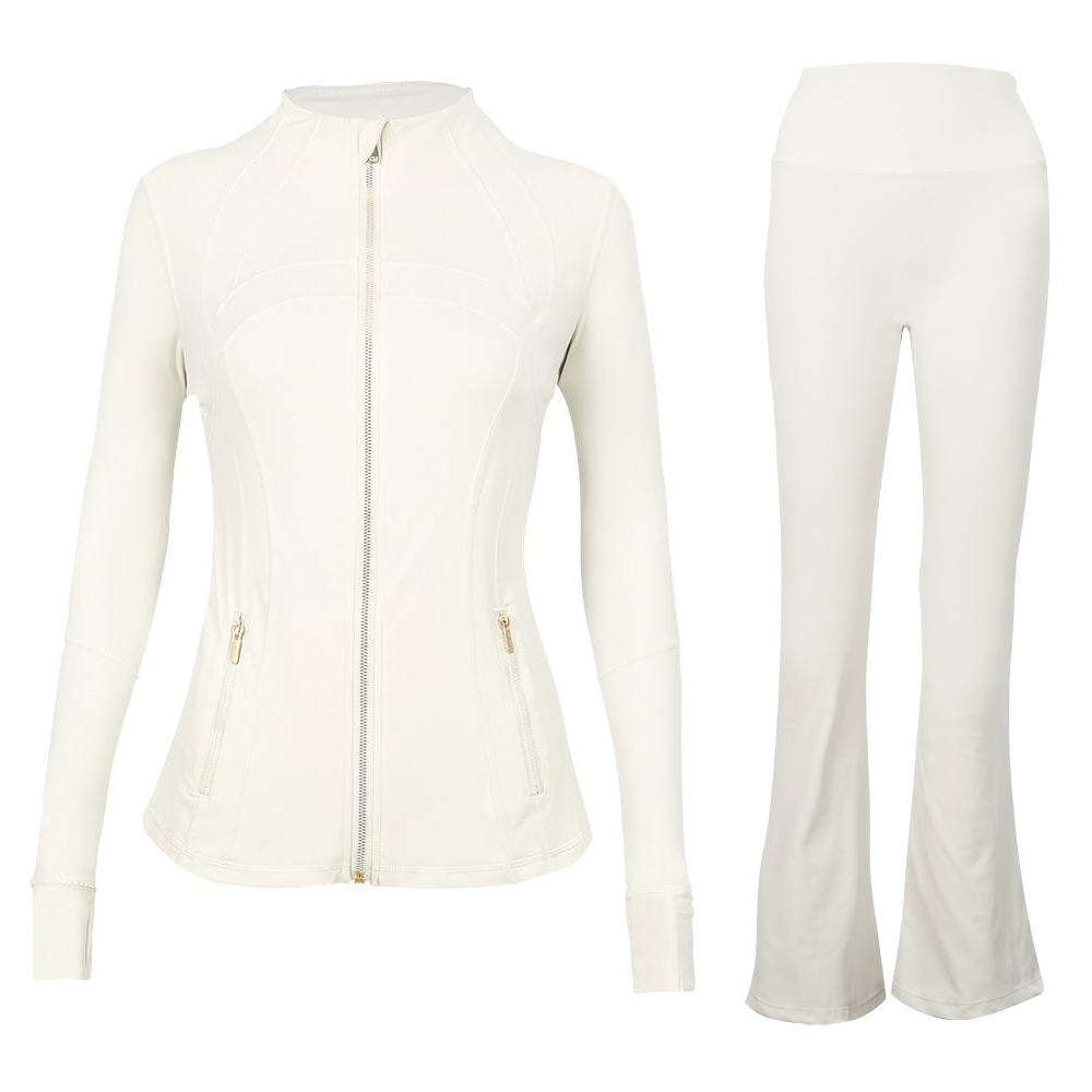Gold Zipper Jacket for Women High Waist Hip Lifting Leggings Flared Elastic Breathable Slim Fit Sports Fiess Yoga Long Sleeve Top Ninth Pants 2 Pieces