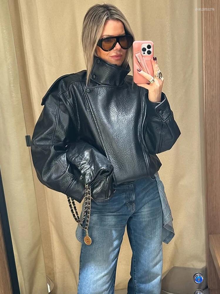 Women's Jackets Trendix Solid Leather Moto Jacket For Women 2025 Winter Turtleneck Retro Coats Fashion Asymmetry Elegant Vintage PU